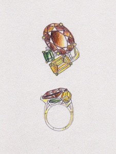 デザイン画、複数の宝石でリングへ