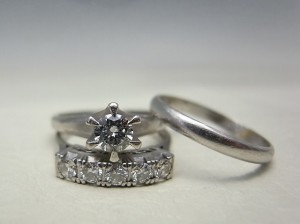 旧枠、ウエディング3点セット、ダイヤモンド、婚約指輪、結婚指輪