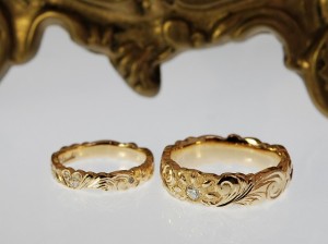結婚指輪、マリッジリング、Ｋ１８/イエローゴールド、オーダーメイド、ハワイアンジュエリー、ダイヤモンド、ルビー