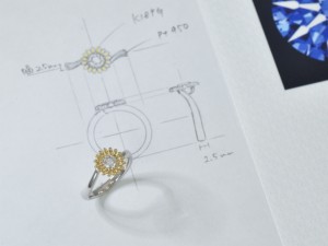 フルオーダーメイド、ダイヤモンド、エンゲージリング、婚約指輪、トリプルエクセレント、ひまわりモチーフ、ウェーブデザイン、総額約28万円